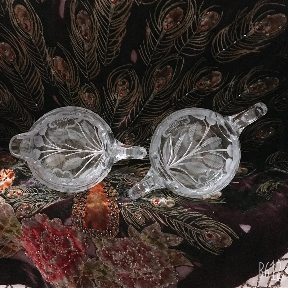 Vintage Heavy Cut Crystal Sawtooth Edge Cream & Sugar Not Pressed Glass Antique